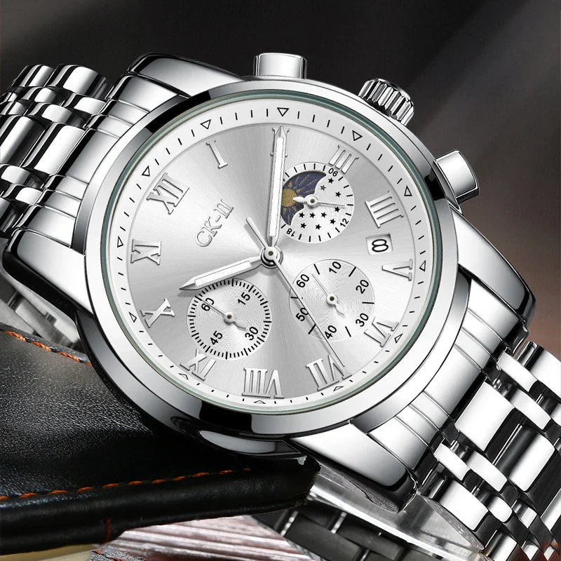 Mark Fairwhale 5039 CORDANT - Luxury Men’s Roman Numeral Quartz Watch with Stainless Steel Strap, Moon Phase & Chronograph