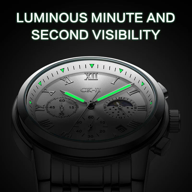 Mark Fairwhale 5039 CORDANT - Luxury Men’s Roman Numeral Quartz Watch with Stainless Steel Strap, Moon Phase & Chronograph