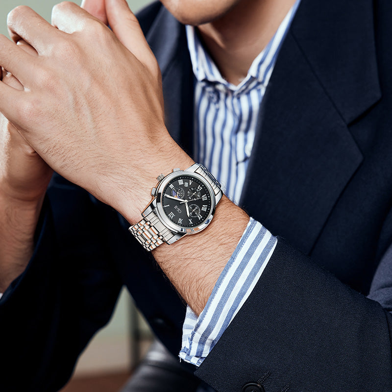 Mark Fairwhale 5039 CORDANT - Luxury Men’s Roman Numeral Quartz Watch with Stainless Steel Strap, Moon Phase & Chronograph