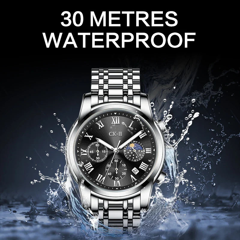 Mark Fairwhale 5039 CORDANT - Luxury Men’s Roman Numeral Quartz Watch with Stainless Steel Strap, Moon Phase & Chronograph