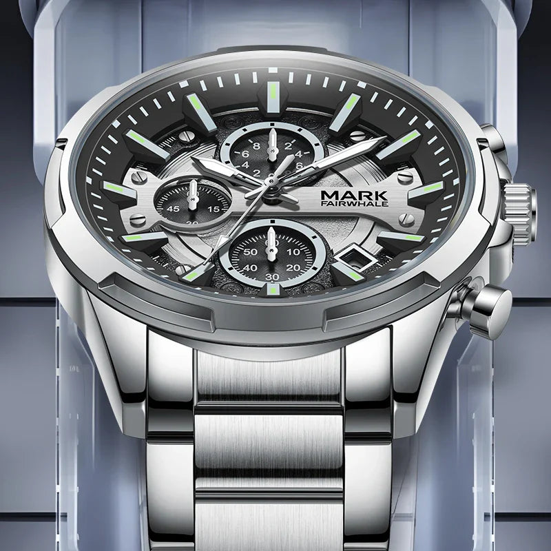 Mark Fairwhale 5028 STENTOR – Men’s Luxury Stainless Steel Chronograph Watch, Quartz Waterproof Business Wristwatch